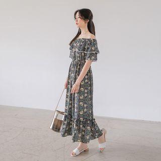 Off-shoulder Short-sleeve Pattern Long Dress