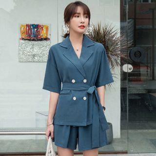 Set: Double-breasted Elbow-sleeve Blouse + Wide-leg Shorts