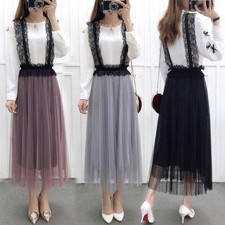 Lace-trim Sheer Panel Jumper Midi Skirt
