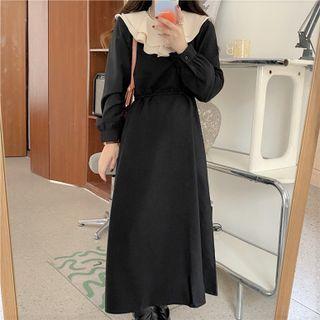Long-sleeve Ruffle Trim Panel Midi A-line Dress