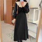 Long-sleeve Ruffle Trim Panel Midi A-line Dress