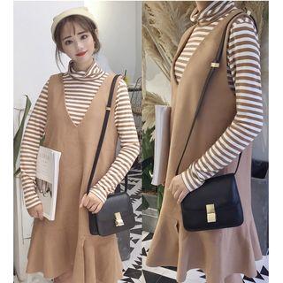 Set: Turtleneck Striped Long-sleeve T-shirt + V-neck Ruffle Hem Knit Pinafore Dress