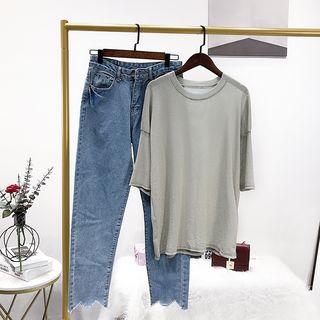 Short-sleeve Plain T-shirt Grayish Green - One Size