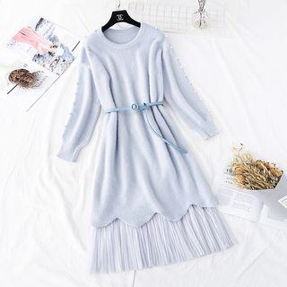 Set: Beaded Round Neck Knit Dress + Mesh Midi Skirt