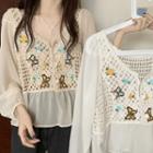 Long-sleeve V-neck Cut-out Lace Panel Printed Chiffon Blouse