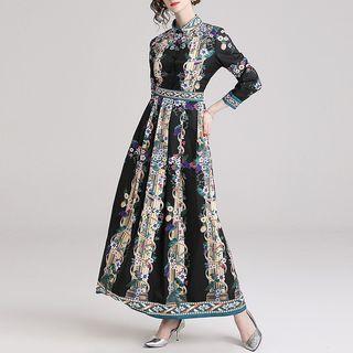 3/4-sleeve Floral Printed A-line Maxi Dress