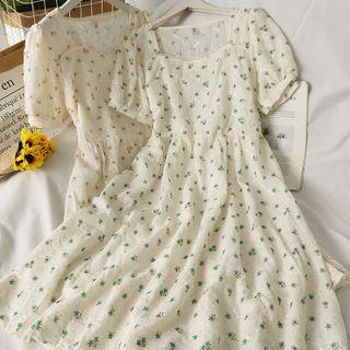 Pearl-neckline Printed Midi Dress
