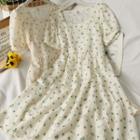 Pearl-neckline Printed Midi Dress