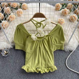 Puff Short-sleeve Open-back Accent-flower Top