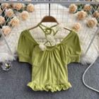 Puff Short-sleeve Open-back Accent-flower Top
