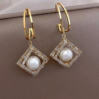 Square Rhinestone Faux Pearl Alloy Dangle Earring White Faux Pearl - Gold - One Size