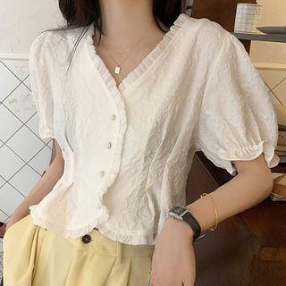 Puff-sleeve V-neck Ruffled Trim Panel Floral Top