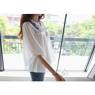 Embroidered-trim Lace-panel Top