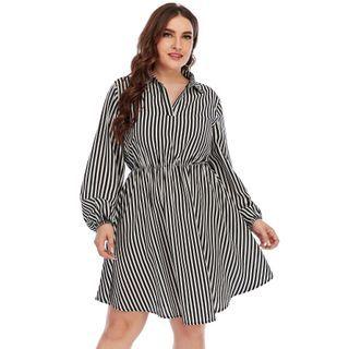 Plus Size Long-sleeve Henley Striped Mini Shirt Dress