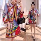 Set: Patterned Open Front Jacket + Buttoned Mini Skirt