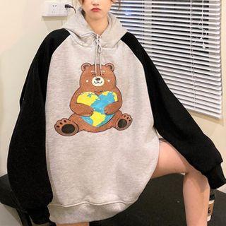 Two Tone Loose-fit Bear Printed Hoodie