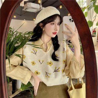 Puff-sleeve Shirt / Floral Print Sweater Vest