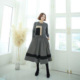 Inset Sweater Color-block Flared Long Skirt