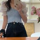 Puff-sleeve Mesh-panel Smocked Blouse As Shown In Figure - One Size