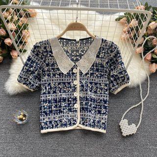 Floral Embroidered Cutout Peter Pan Collar Top