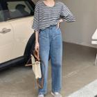 Elbow-sleeve Striped T-shirt Stripe - Black & Gray - One Size