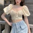 Square-neck Puff Sleeve Bow-accent Floral Print Ruched Crop Top