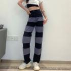 Striped Frayed Wide-leg Jeans
