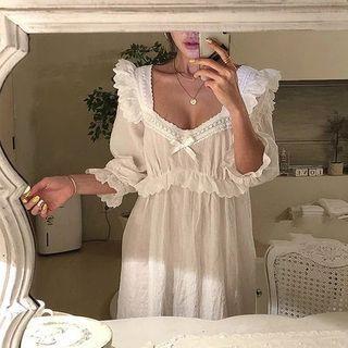 3/4-sleeve Ruffle Trim Lace Panel Midi Sleep Dress White - One Size
