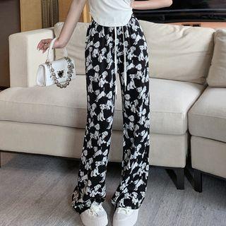 Floral Print Straight Leg Pants Black - One Size