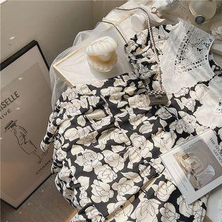 Short-sleeve Floral A-line Dress Floral - Black - One Size