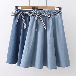Gingham Bow A-line Denim Skirt