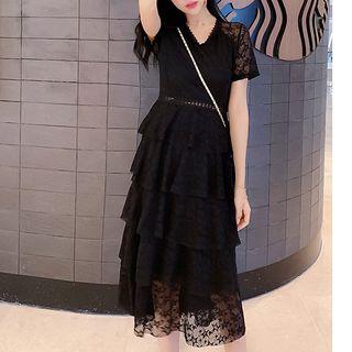 Short-sleeve Midi Layered Lace Dress