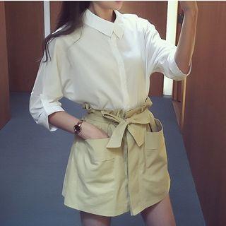 Set: Plain Long-sleeve Shirt + Paperbag Waist Skort