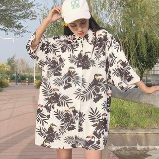 Leaf Print 3/4 Sleeve Shirt Dress