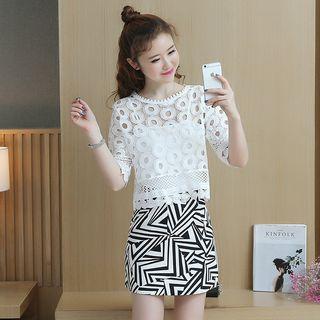 Set: Lace Top + Patterned A-line Skirt + Camisole