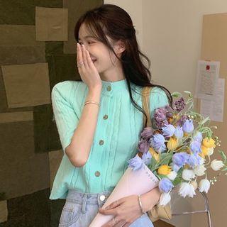 Short-sleeve Button-up Knit Top Aqua Green - One Size