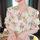 Layered-collar Puff-sleeve Rosette Blouse
