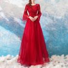Embroidered Bell-sleeve Evening Gown