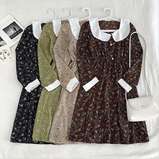 Color-block Peter-pan Collar Floral Long-sleeve Dress