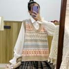 Set: V-neck Patterned Sweater Vest + Lantern-sleeve Shirt Set Of 2 - Vest & Shirt - Khaki & Blue & White - One Size