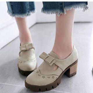 Bow Accent Chunky Heel T-bar Shoes
