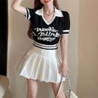 Lettering Knit Crop Top / Pleated Mini A-line Skirt / Set