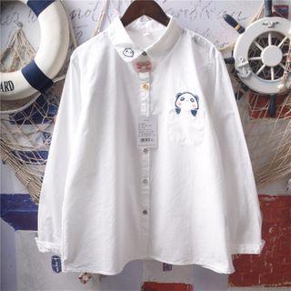Long-sleeve Cartoon Embroidered Shirt White - One Size