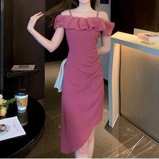 Short-sleeve Cold Shoulder Irregular Sheath Dress