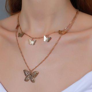 Faux Pearl Alloy Butterfly Pendant Necklace 9895 - 01 - Gold - One Size
