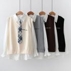 Set: Tie-neck Shirt + Lettering Sweater Vest