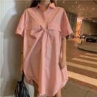 Elbow-sleeve Asymmetric Shirt Dress Pink - One Size