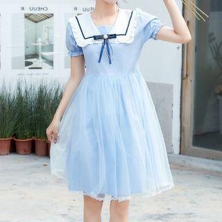 Short Sleeve Sailor Collar Mesh Overlay Dress