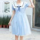 Short Sleeve Sailor Collar Mesh Overlay Dress