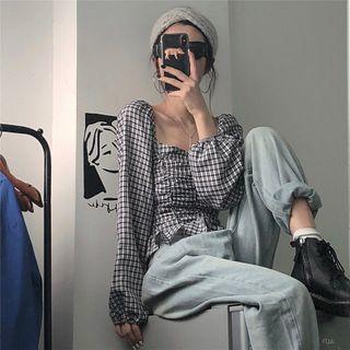 Long-sleeve Plaid Frill Trim Blouse